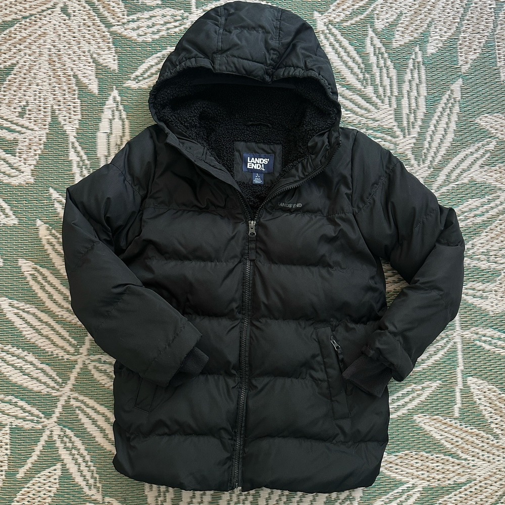 Lands' End Puffer Jacket Girls Large 10-12 Black Primaloft Zip Fleece Lined